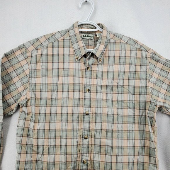 L L Bean Shirt Men's 3/4 Sleeve Button Up Reg Fit Plaid Green Blue Cream Medium - Picture 6 of 12